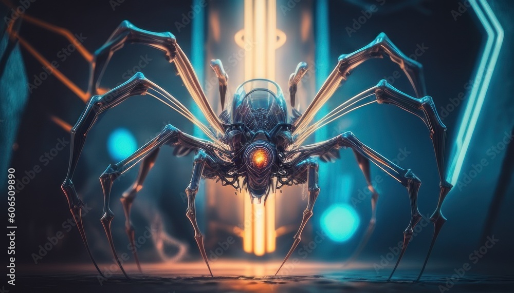 Poster a large mechanical spider sitting on top of a table. generative ai image.