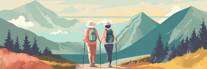 Illustration of Two Older Women Hiking Together. Generative ai - 606509831