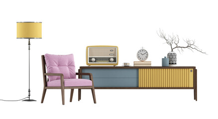 Retro style sideboard with old radio and pink armchair on white background - 3d rendering