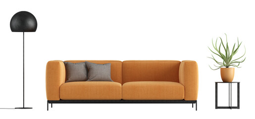 Minimalist orange sofa,black floor lamp and potted plant isolated on white background - 3d rendering