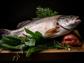 Foto op Aluminium Raw bass fish on the board, Generative Ai © OMG Snap