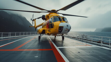 Fototapeta na wymiar Emergency rescue helicopter on ship with Generative AI.