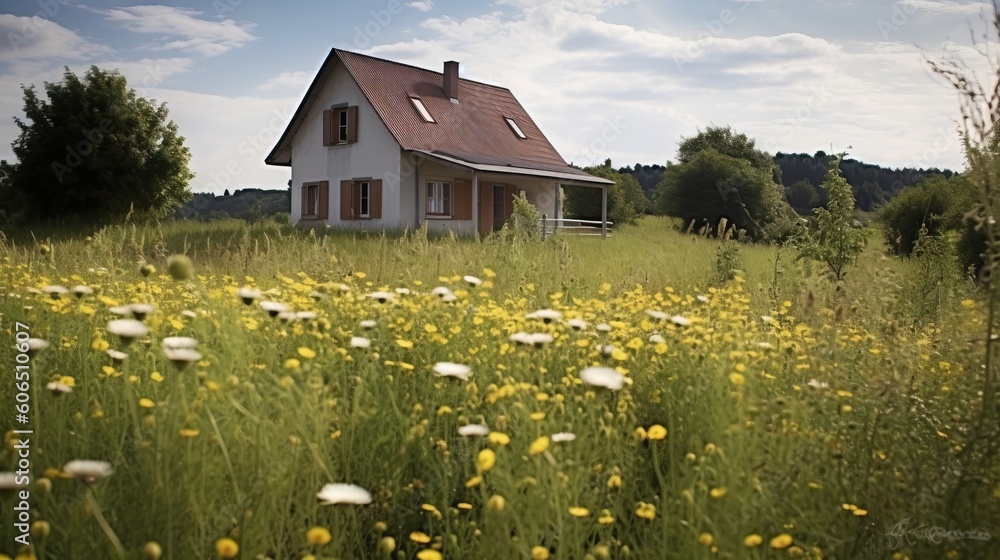 Aufkleber a house in the middle of a field of wildflowers and grass with trees in the background and a blue sk