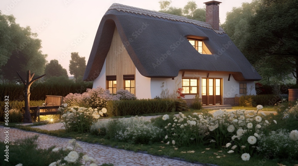 Poster a house with a thatched roof and a garden in front of it at dusk with a bench in front of the house 