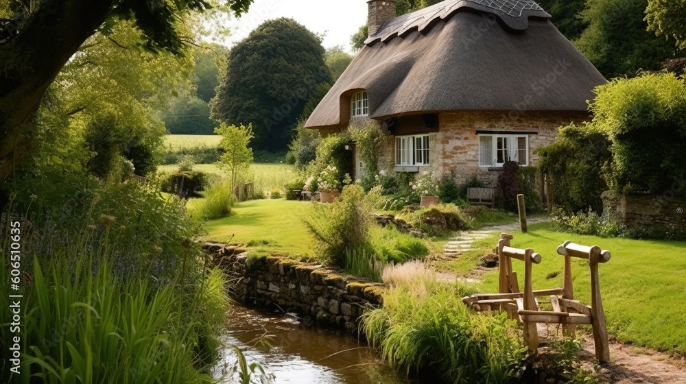 Poster a small house with a thatched roof next to a stream in a lush green field with trees and grass surro
