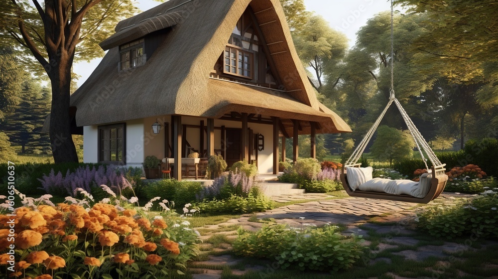 Poster a house with a hammock in the front yard and flowers in the front yard and a hammock bed in the fron