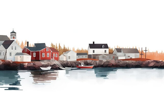  a painting of a harbor with a boat and a house on the shore and a lighthouse in the distance with trees in the background and a white sky.  generative ai