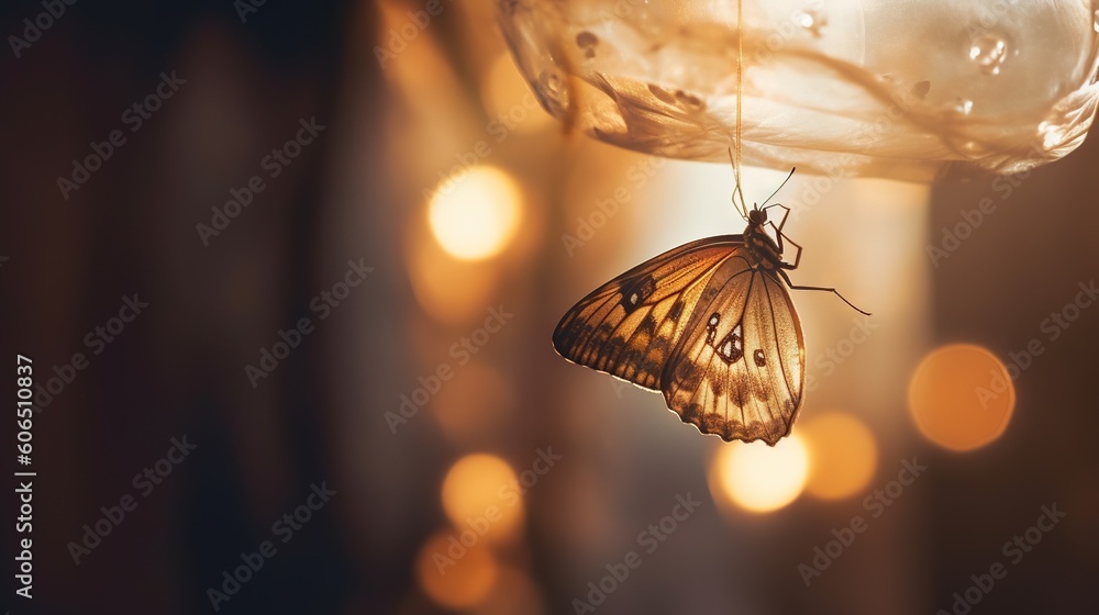 Poster a butterfly hanging from a string in front of a light fixture with a blurry background of boke of li