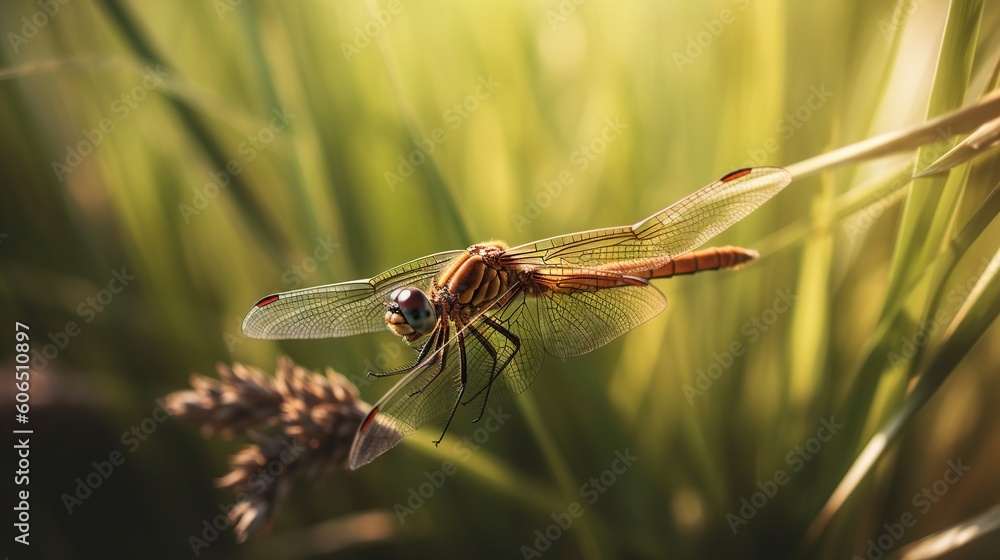 Poster a close up of a dragonfly on a plant with long grass in the background and sunlight shining on the w