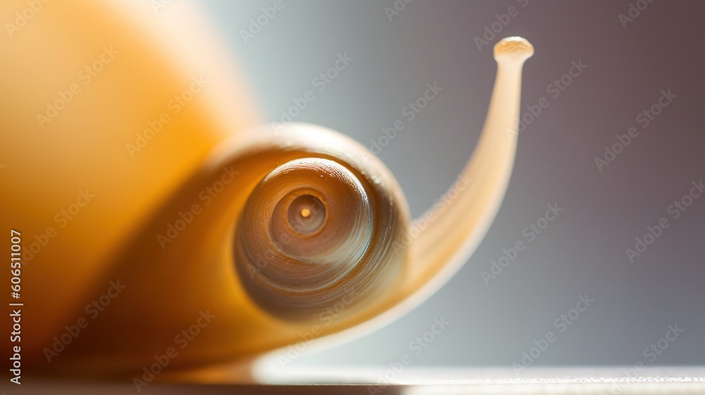 Poster  a close up of a snail's shell with a blurry back drop of light on the top of the snail's shell.  generative ai