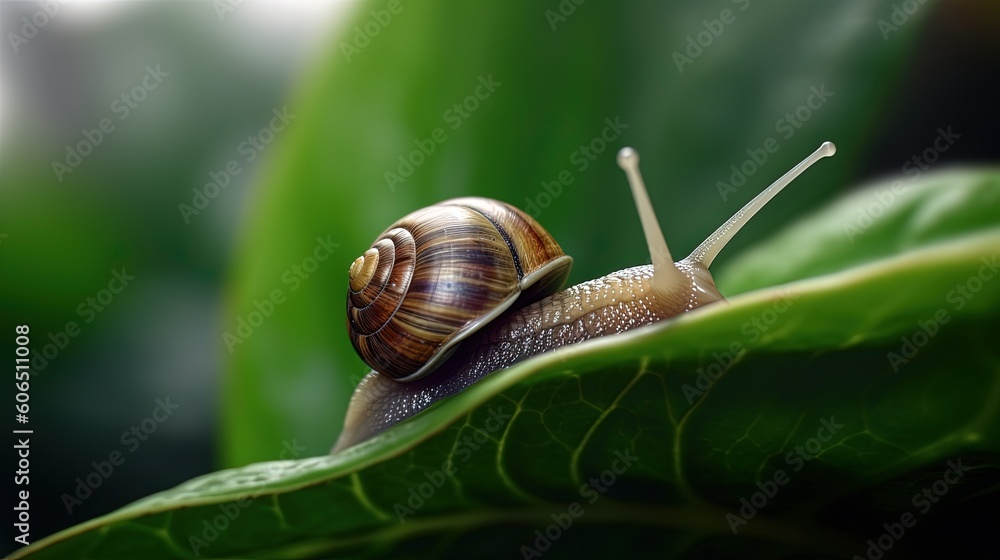 Poster a snail sitting on top of a green leaf covered in drops of water on top of it's back legs and back e