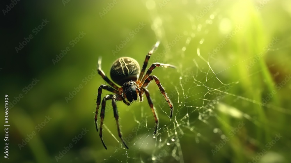 Poster a close up of a spider on a web of grass with dew on it's back legs and a blurry background of grass
