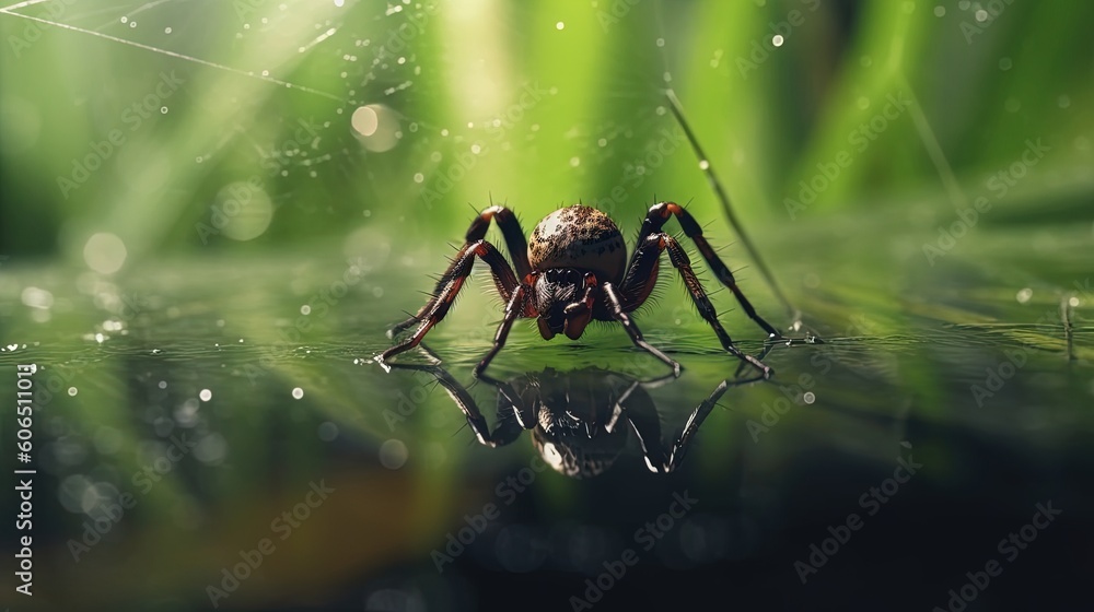 Poster a close up of a spider on a leaf of grass with water droplets on the surface of the image and the gr