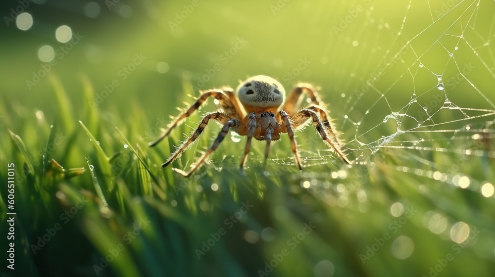 Poster a close up of a spider on a web in a grass field with dew drops on the spider's web, with a bright g