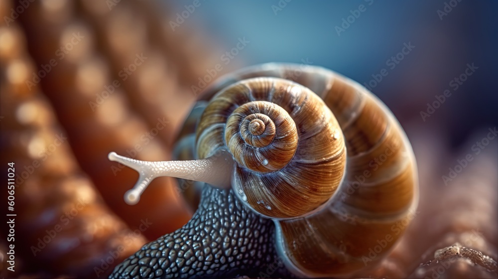 Poster a close up of a snail on a bed of brown shells with a blue sky in the background of the image is a b