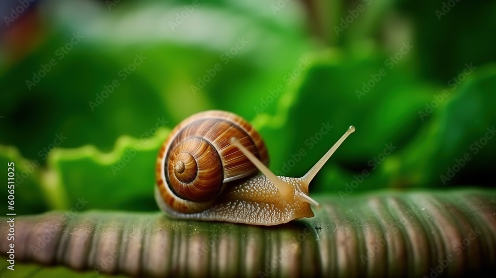 Poster a close up of a snail on a green leafy surface with green leaves in the background and a blurry imag