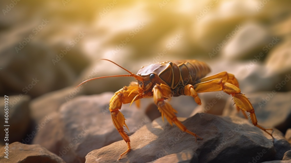 Aufkleber a close up of a bug on a rock in the sun with a blurry background of rocks and grass in the foregrou