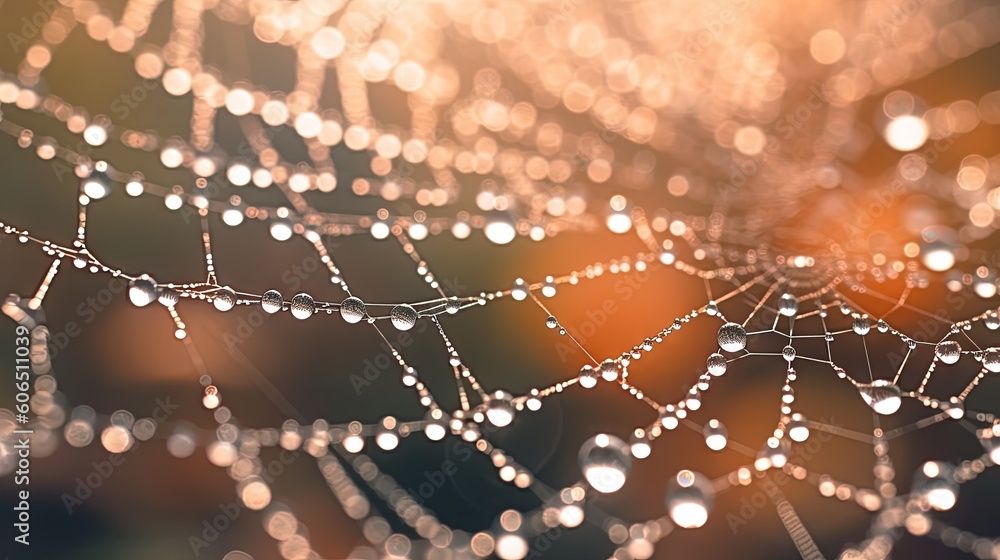 Poster a close up of a spider web with water drops on the spiderweave and a blurry background of the spider