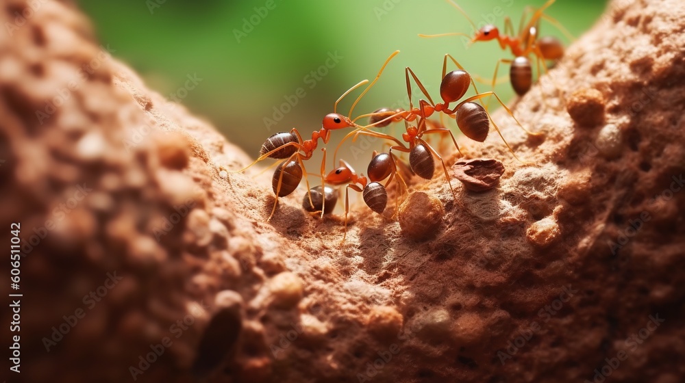 Poster a group of ants crawling on top of a piece of rock next to a green leafy tree trunk in the sunlight,
