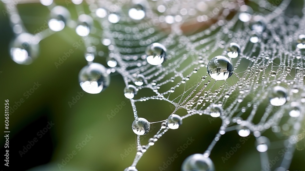 Poster  a close up of a spider web with drops of water on it's web, with a blurry background of trees in the background.  generative ai