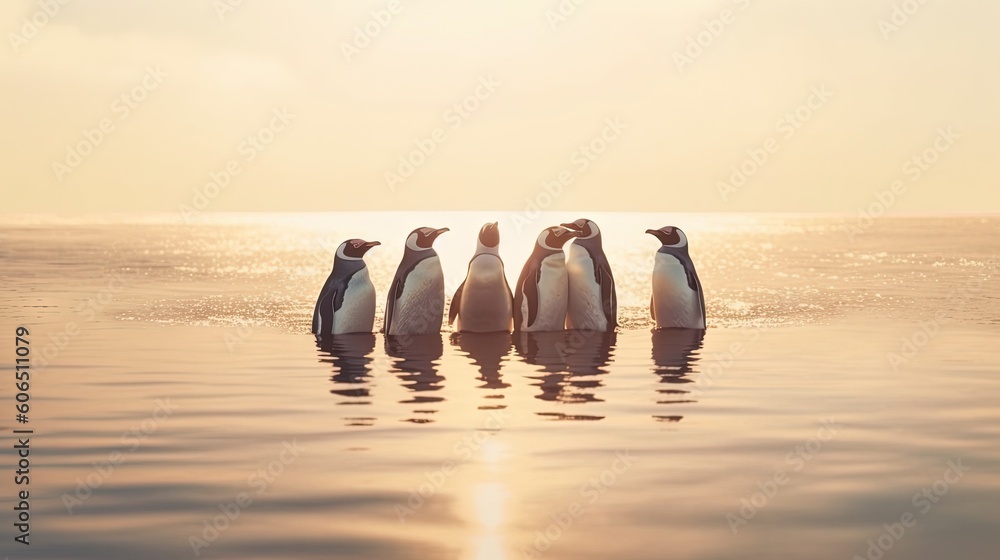 Poster a group of penguins standing in the water at the edge of the ocean with the sun shining on the water