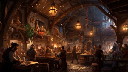 Cozy and bustling fantasy tavern, with adventurers, merchants, and creatures from all walks of life gathering for stories, music, and merriment - obrazy, fototapety, plakaty