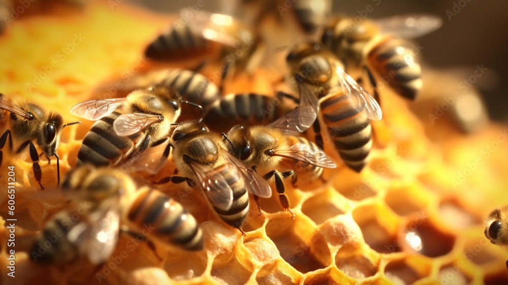 Poster a bunch of bees that are sitting on a honeycomb together in a beehive with honey combs in the foregr