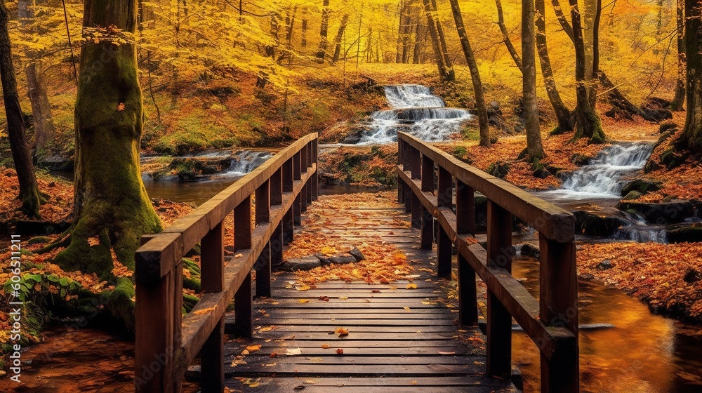 Poster a wooden bridge over a stream in a forest with fall leaves on the ground and a waterfall in the dist