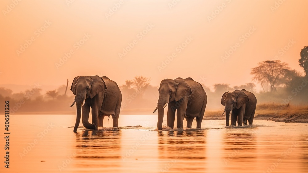 Poster a herd of elephants walking across a river at sunset or dawn with a few more elephants in the distan