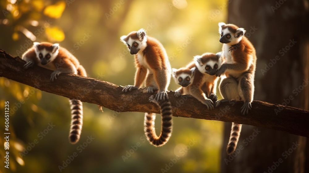 Poster a group of small brown and white animals sitting on a tree branch in a forest with sunlight coming t