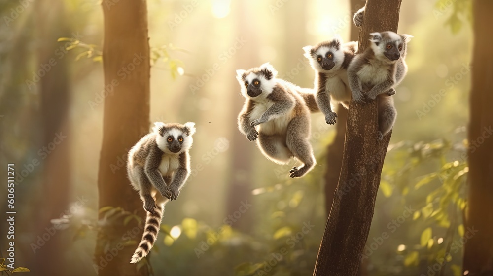 Poster a group of small animals climbing up the side of a tree in a forest with sunlight streaming through 