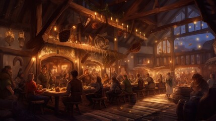 Cozy and bustling fantasy tavern, with adventurers, merchants, and creatures from all walks of life gathering for stories, music, and merriment - obrazy, fototapety, plakaty