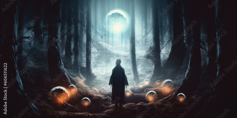 Poster a person standing in the middle of a forest. generative ai image.