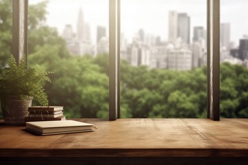 Desk of free space and blurred window background, modern living room with table, Generative AI