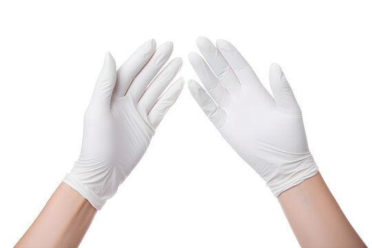 Two hands in white surgical medical gloves isolated on white background. Human hands wearing latex gloves while making rubber gloves