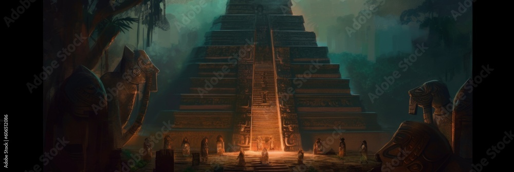 Poster a painting of a pyramid in the middle of a forest. generative ai image.
