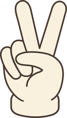 Hand gesture V sign as victory or peace  icon. Iillustration in cartoon style. 70s retro clipart  vector design.