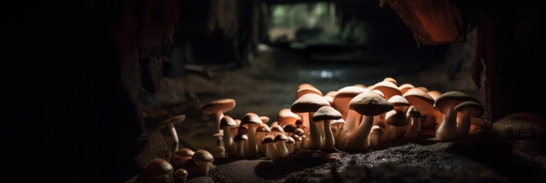 A group of mushrooms sitting on top of a rock. Generative AI image.