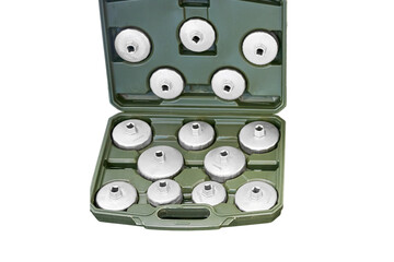 A set oil filter wrench sockets of various sizes, isolated on white background. Removable filter...