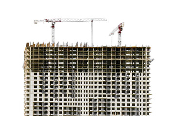 Large house under construction, isolated on a white background. New multi-storey building