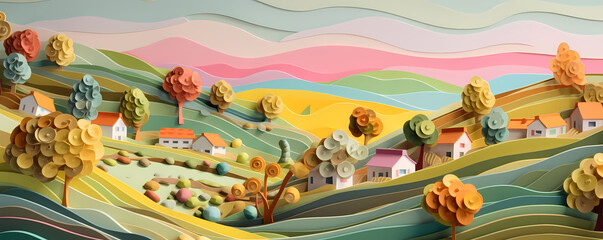 Paper origami landscape - Layered pastel sweet colors banner - Generative AI