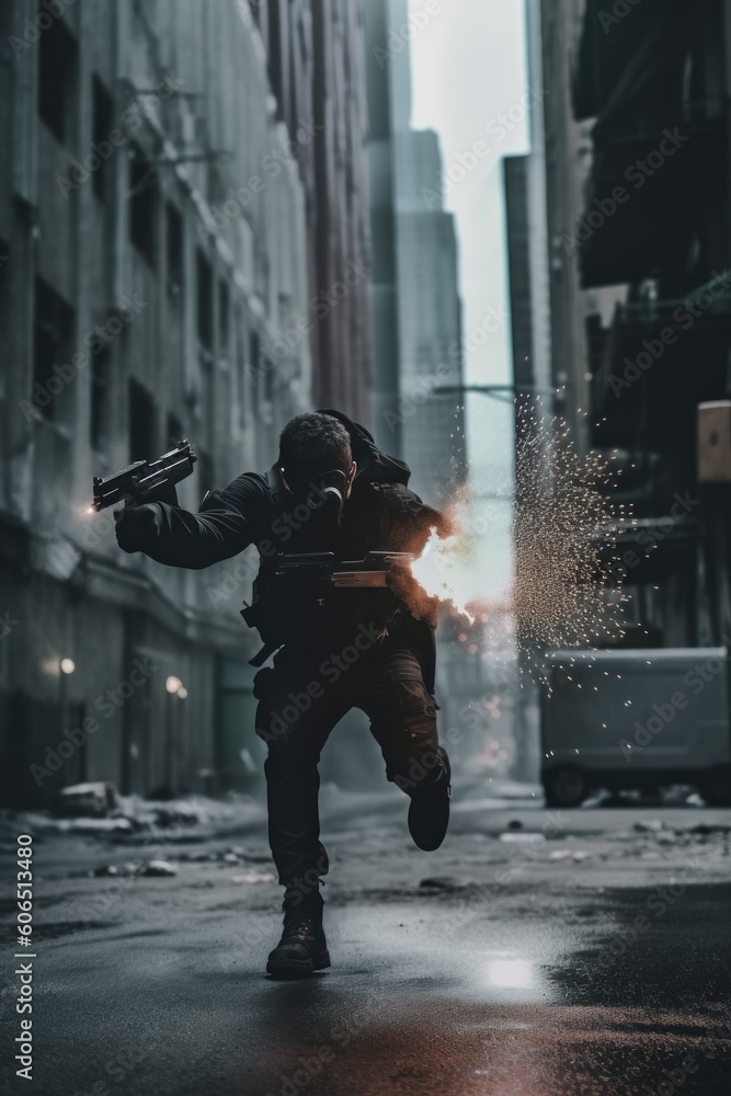 Poster a man with a gun running down a street. generative ai image.