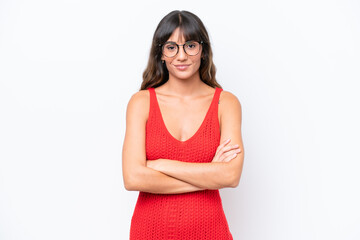 Young caucasian woman isolated on white background keeping the arms crossed in frontal position
