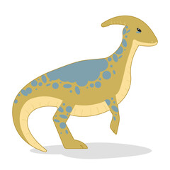 Flat in childish, cartoon style image of funny, cute parasaurolophus dinosaur, dragon