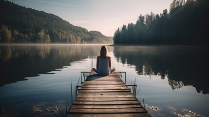 Young woman meditating outdoors by the lake. Calm morning meditation by the lake. Generative AI