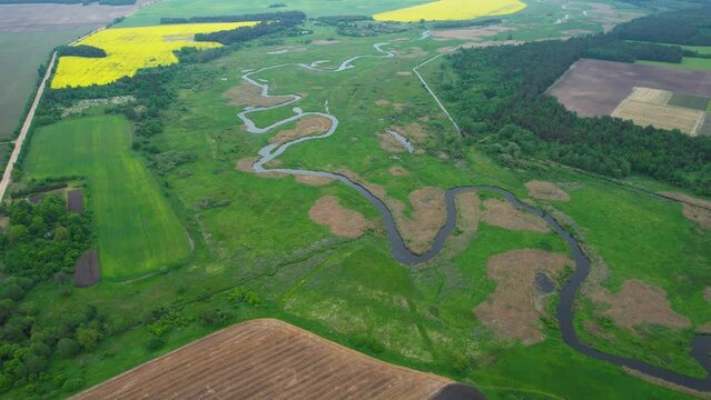 Aerial view, taken from a drone, of the Lesnaya River, Belarus, Europe