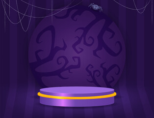 Halloween room striped wall vector background with purple podium on the floor and spider web