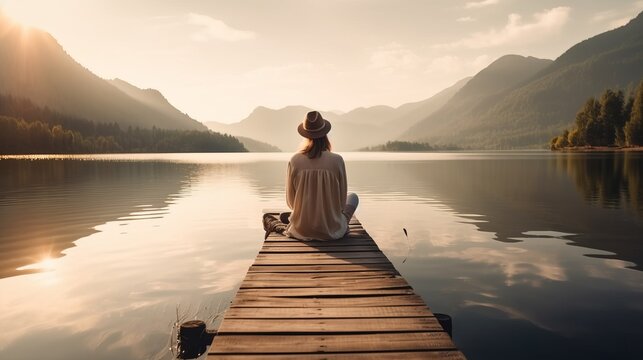 Young woman meditating outdoors by the lake. Calm morning meditation by the lake. Generative AI