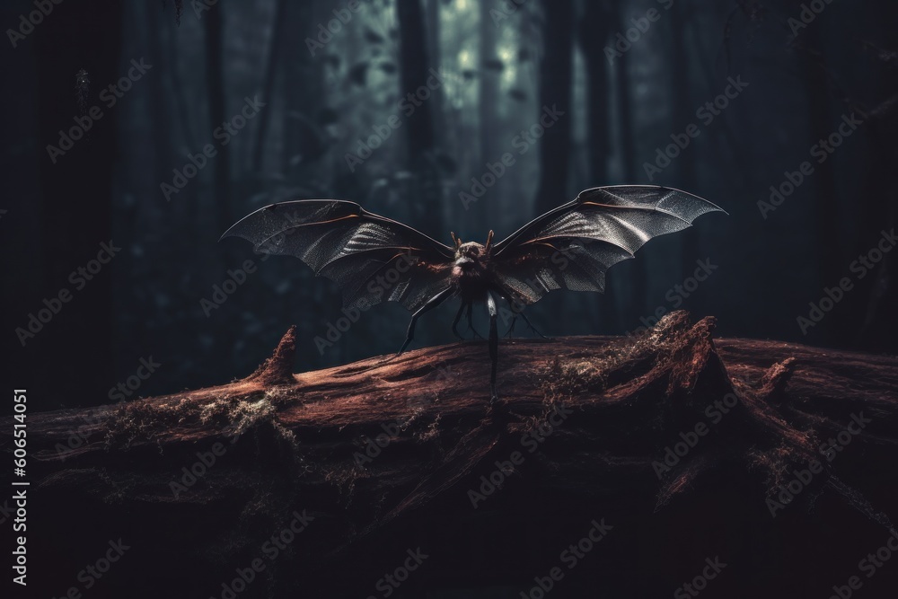 Poster an infernal bat is sitting on a log in the woods. generative ai image.
