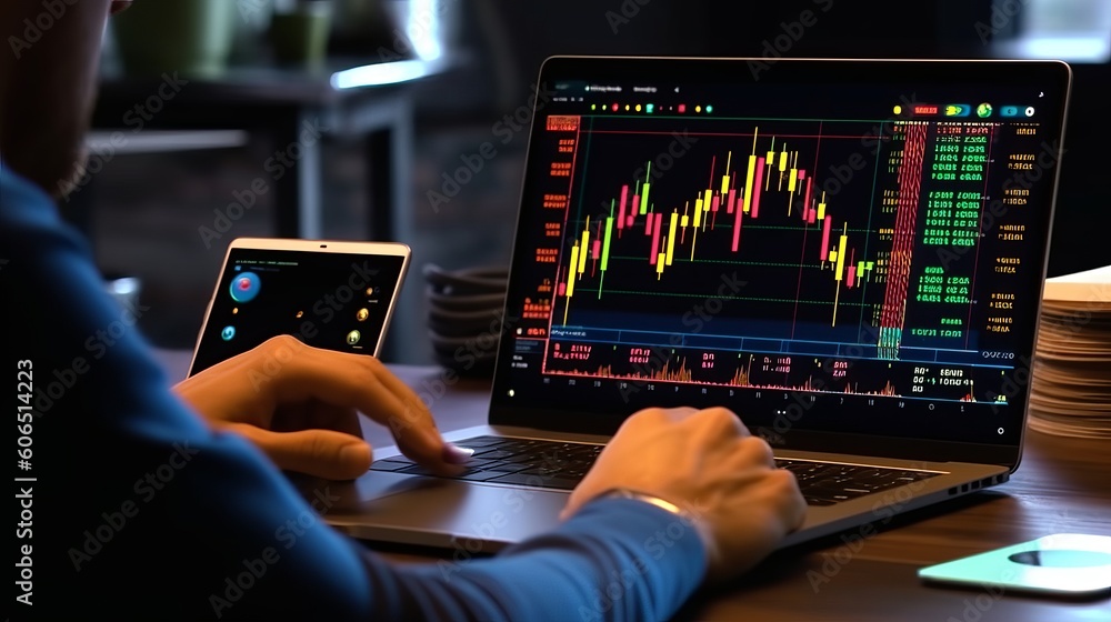Poster business man using computer with cryptocurrency money link network concept. man using computer inves